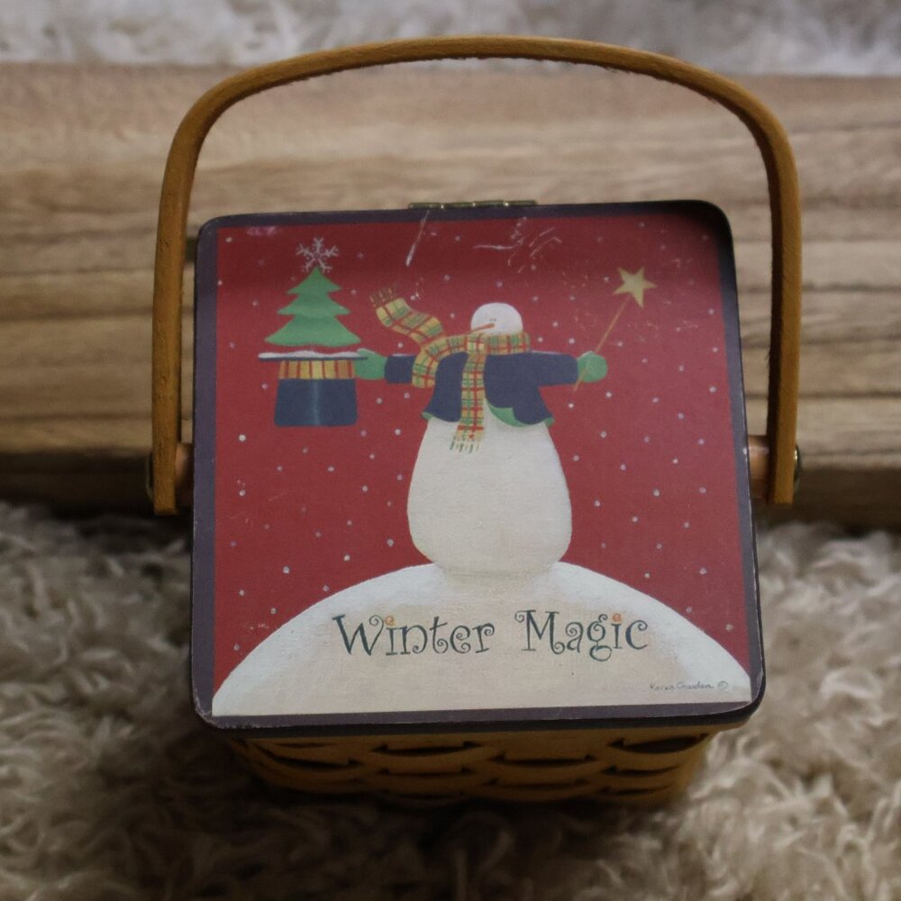 Small Winter Magic Basket w/Snowman Lid & Handle Christmas 4" Gift Ornament Box